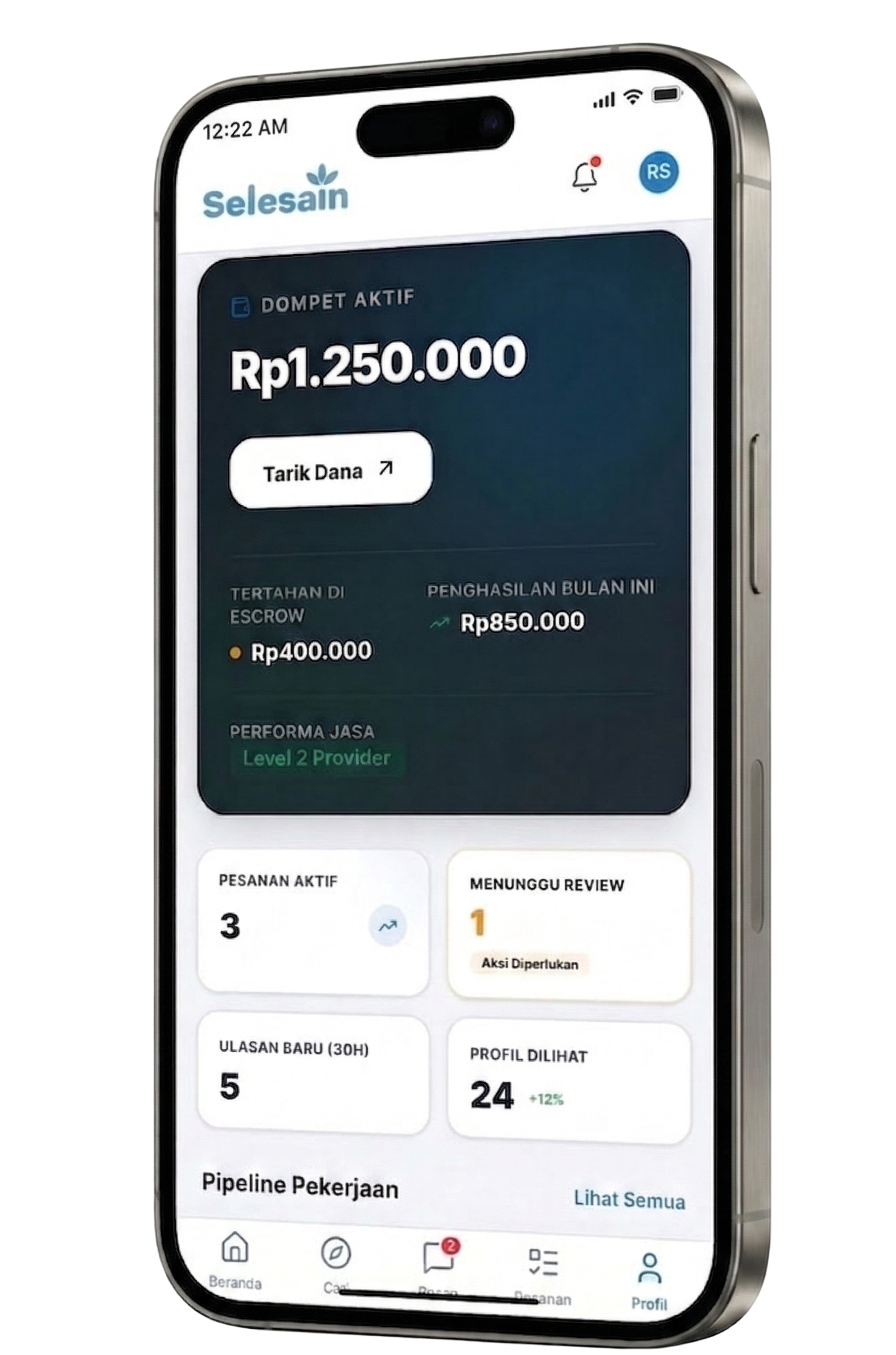 Selesain App — Tampilan Dashboard